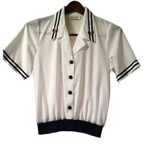 Vintage Nautical Sailor Blouse Embroidered Crest Boat Shirt Women's M